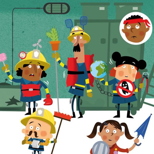 Firefighters saving child and apprehending thief in cartoon style