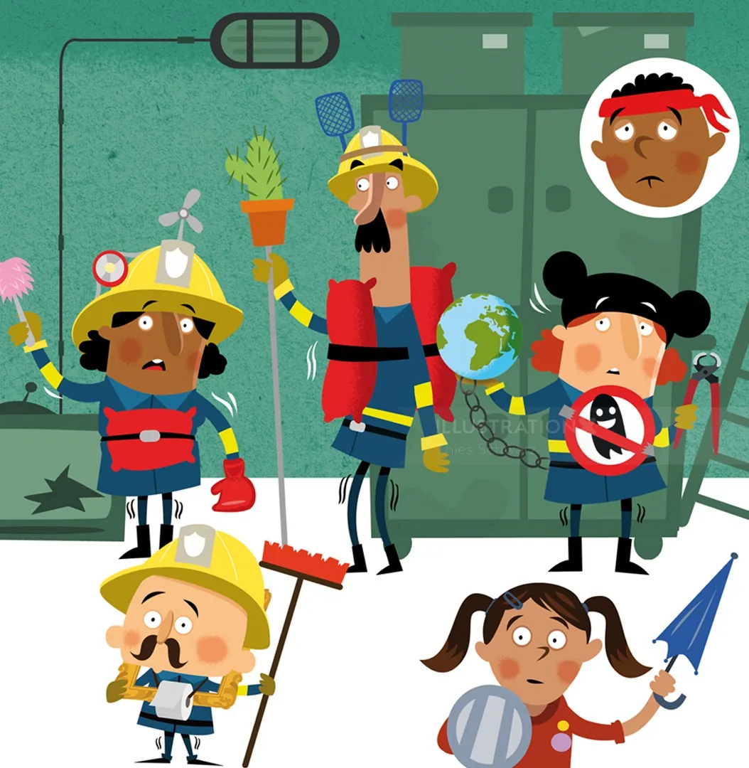 Firefighters saving child and apprehending thief in cartoon style
