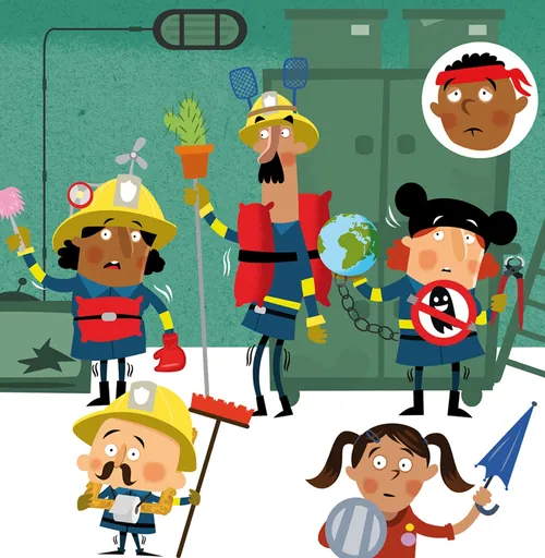 Firefighters saving child and apprehending thief in cartoon style