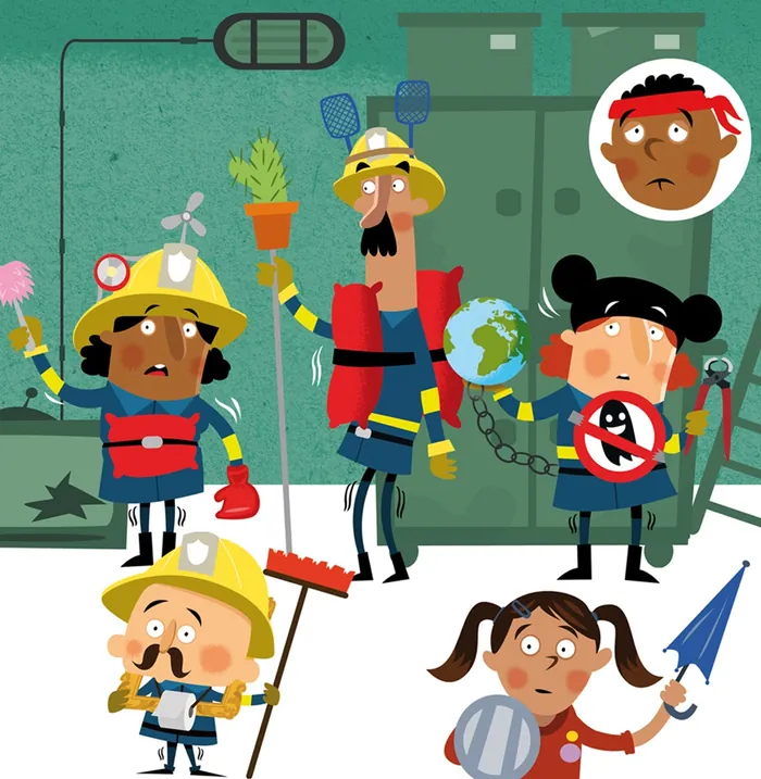 Firefighters saving child and apprehending thief in cartoon style