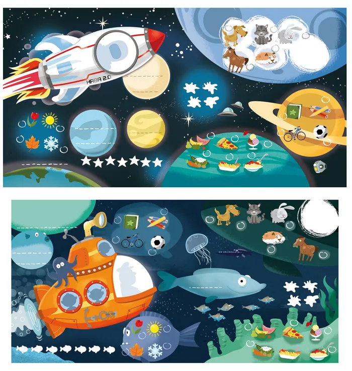 Illustration showing space rocket and planets, and underwater submarine with sea animals