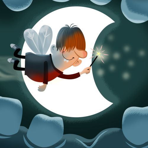 Tooth fairy flying inside a mouth with glowing wand and teeth surrounding