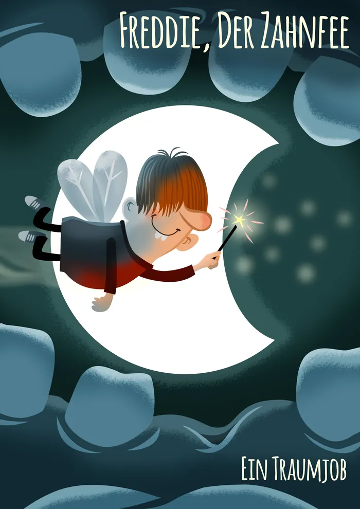 Tooth fairy flying inside a mouth with glowing wand and teeth surrounding