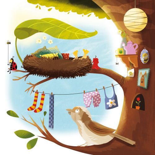 Bird in nest on tree branch with clothesline and hanging decorations