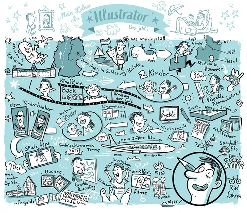 Cartoon style illustration showing illustrator's work and activities on blue background.