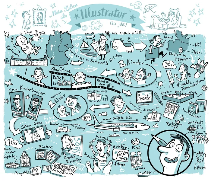Cartoon style illustration showing illustrator's work and activities on blue background.