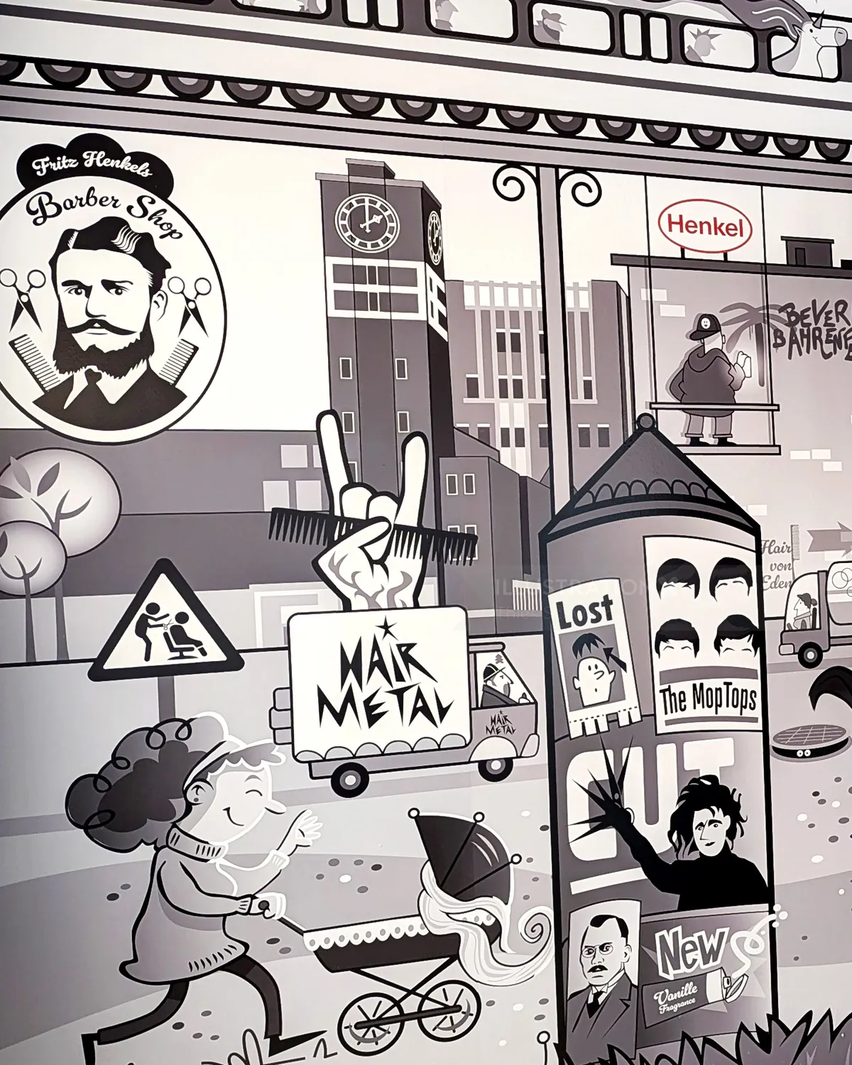 Black and white mural showing urban scenes with musicians, barber shop, and city icons