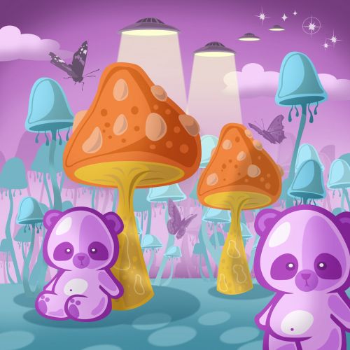 Pandas in mushroom world
