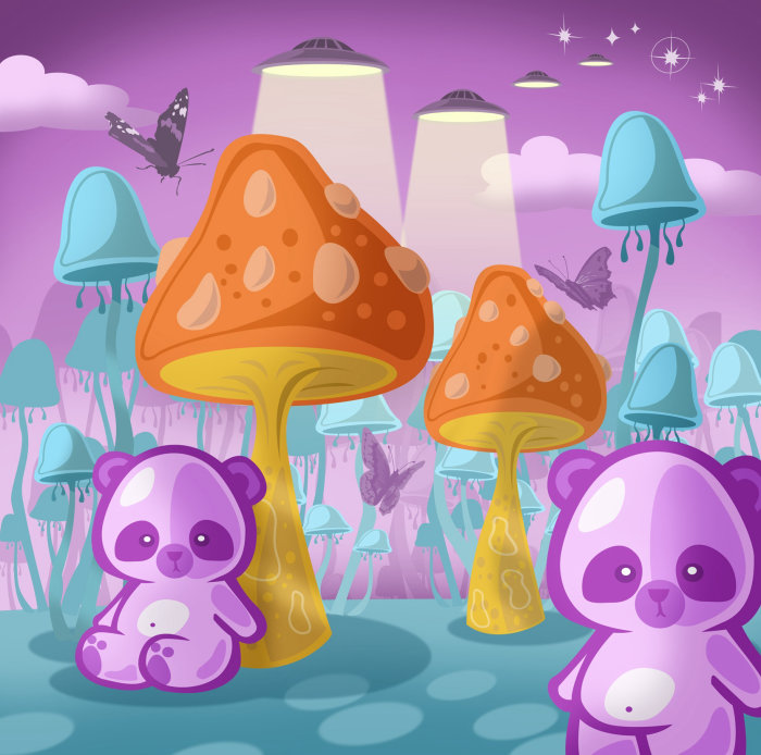 Pandas in mushroom world
