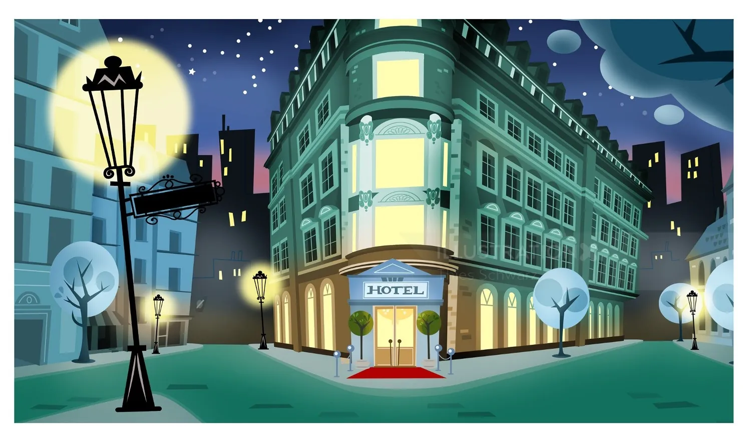 Night city hotel exterior scene with street lamps and red carpet by Thies Schwarz