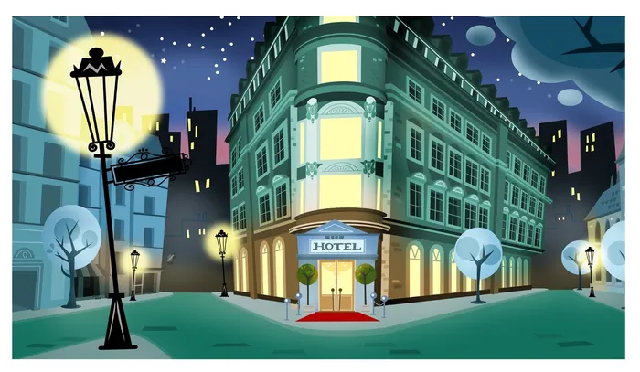Night city hotel exterior scene with street lamps and red carpet by Thies Schwarz