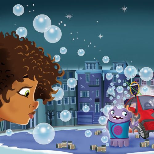 Child with curly hair watching bubbles, purple creature, and red car at night by Thies Schwarz