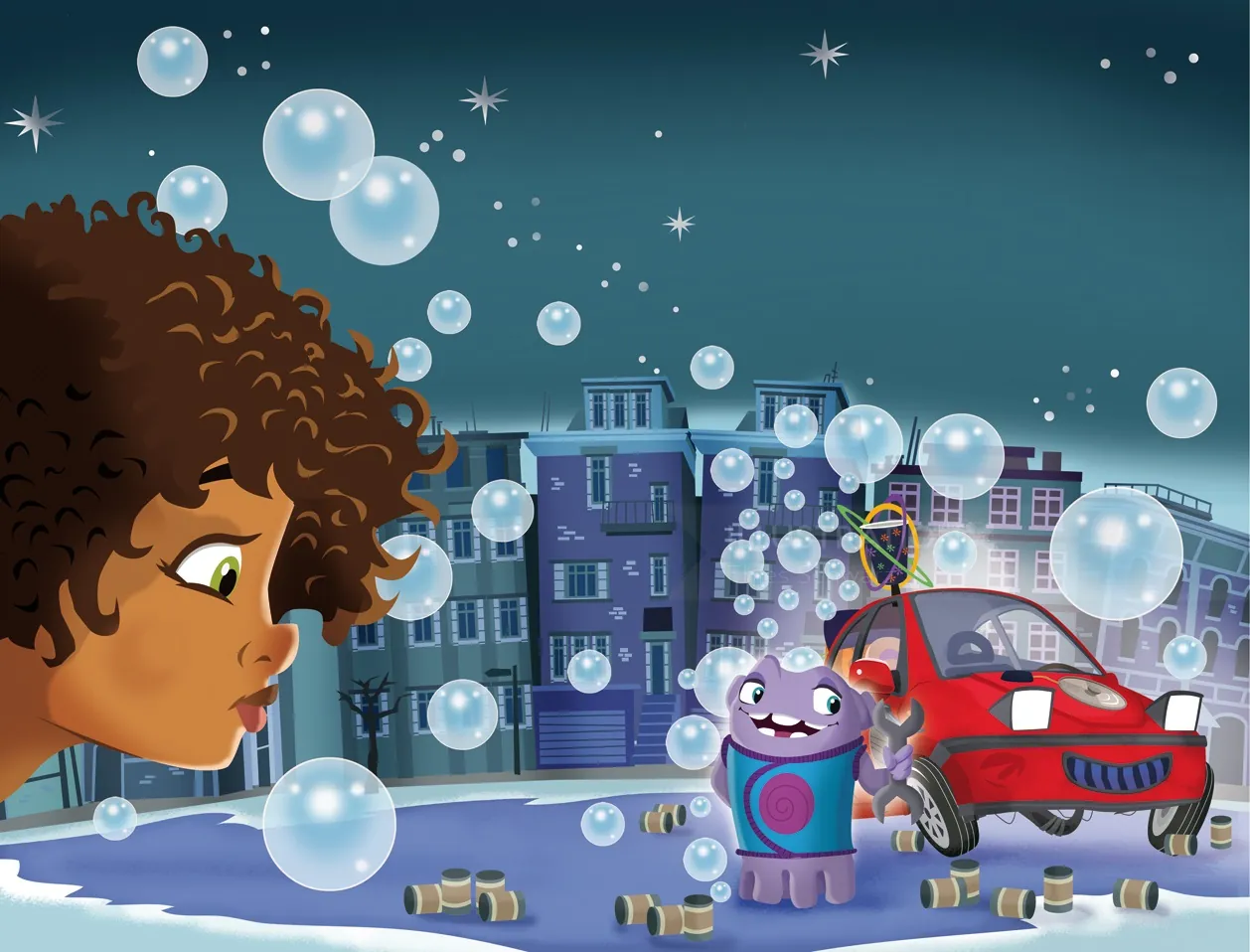 Child with curly hair watching bubbles, purple creature, and red car at night by Thies Schwarz