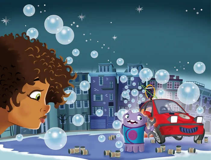 Child with curly hair watching bubbles, purple creature, and red car at night by Thies Schwarz