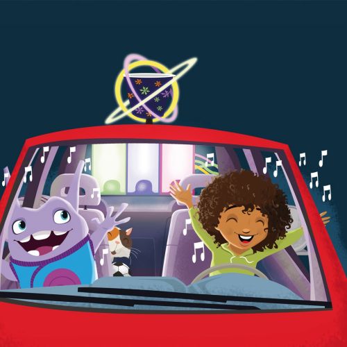Children and alien joyfully singing inside a red car by Thies Schwarz