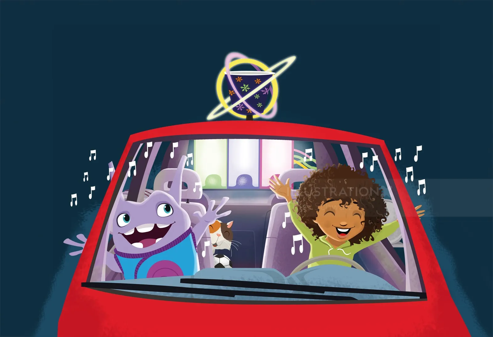 Children and alien joyfully singing inside a red car by Thies Schwarz