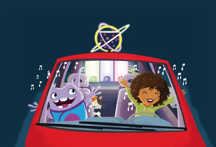 Children and alien joyfully singing inside a red car by Thies Schwarz