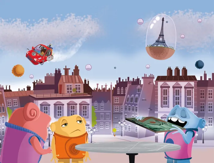 Cartoon characters meeting at Paris street with Eiffel Tower in snow globe by Thies Schwarz