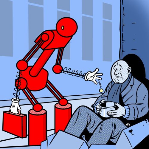 Graphic robot enquiring-man
