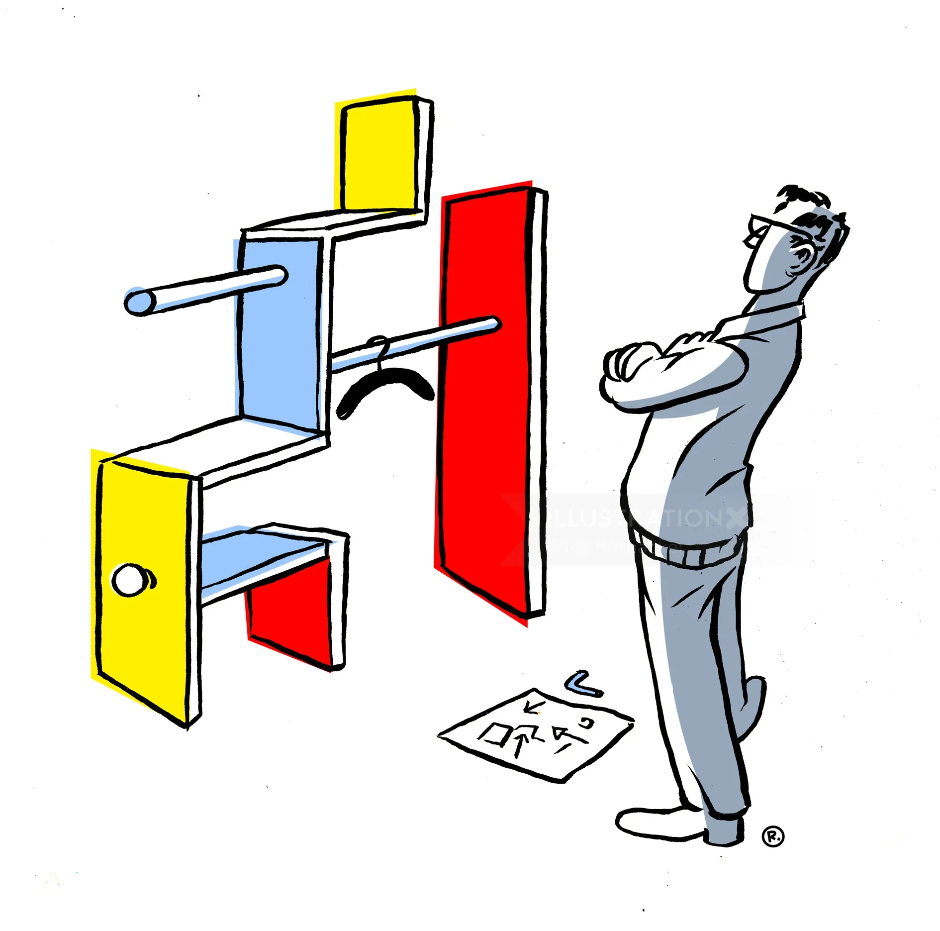 Man concentrating on assembling abstract colorful furniture parts by Thilo Rothacker