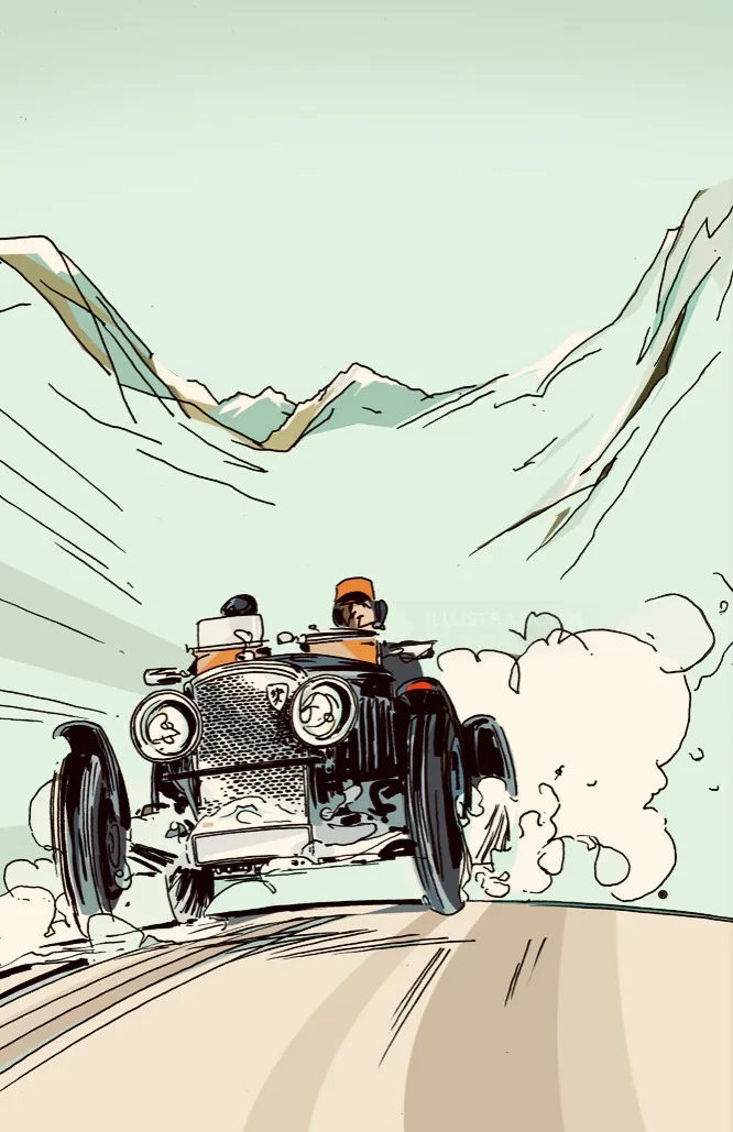 Vintage car with two passengers driving through mountains by Thilo Rothacker