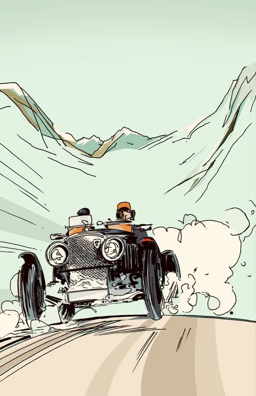 Vintage car with two passengers driving through mountains by Thilo Rothacker