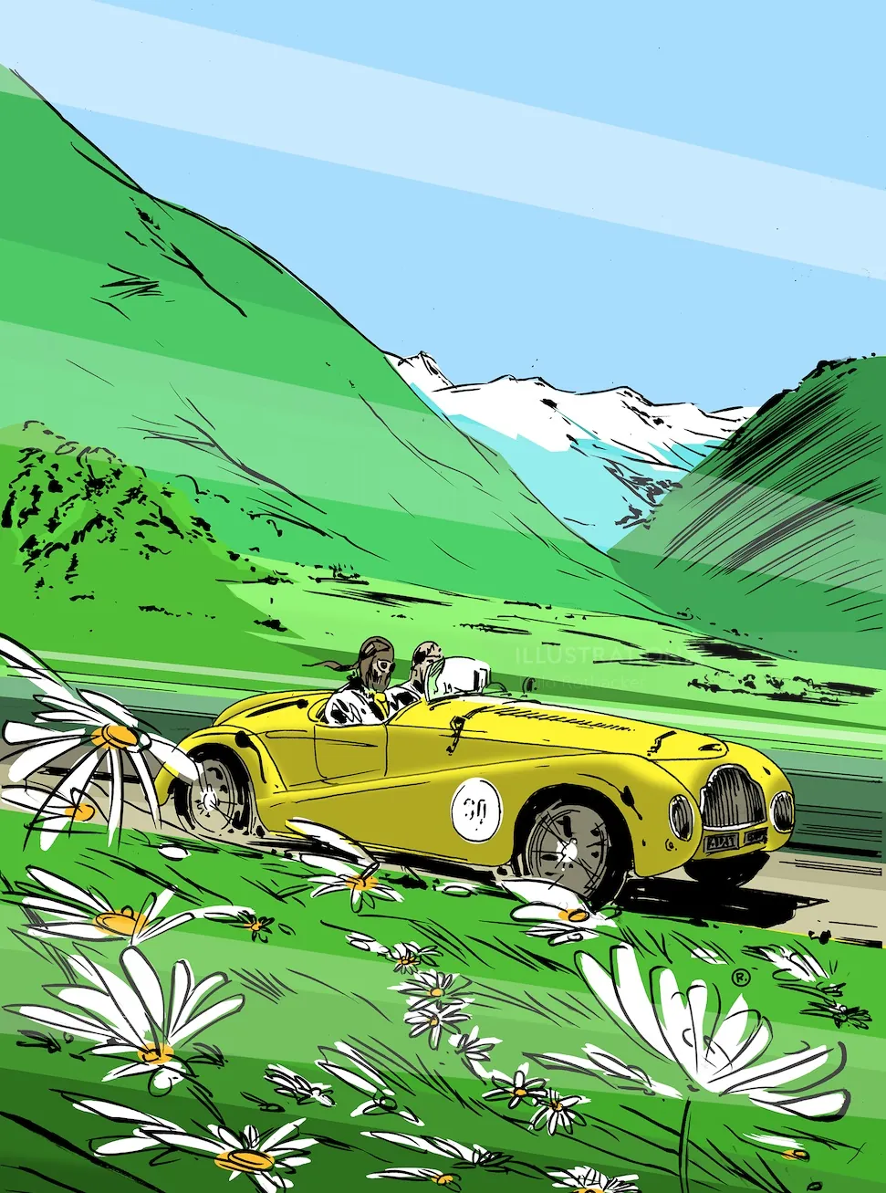 Vintage yellow car driving in mountain landscape by Thilo Rothacker