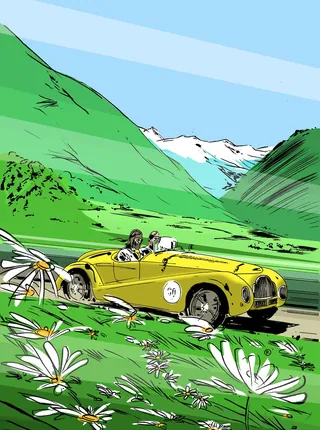 Vintage yellow car driving in mountain landscape by Thilo Rothacker