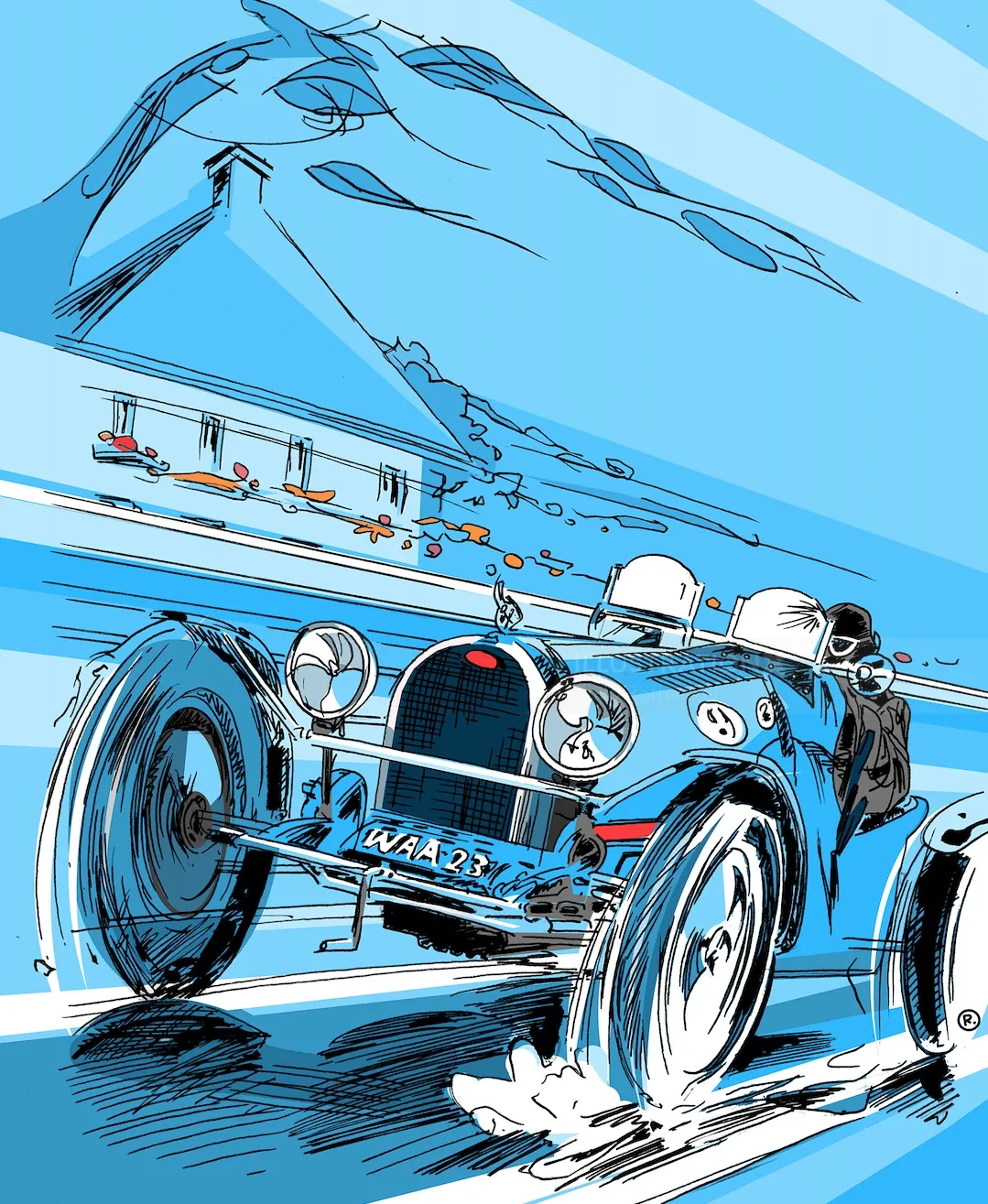 Vintage Bugatti racing car speeding, illustrated by Thilo Rothacker