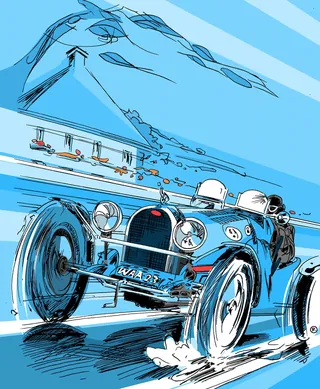 Vintage Bugatti racing car speeding, illustrated by Thilo Rothacker