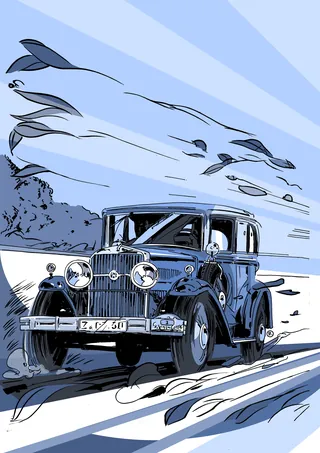 Vintage car driving on road with birds flying by, artwork by Thilo Rothacker
