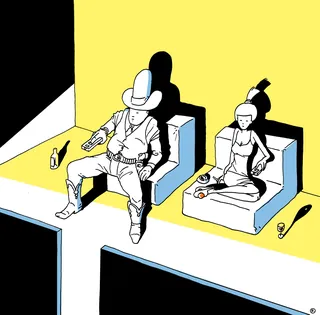 Man and woman sitting and watching TV with shadows on wall by Thilo Rothacker