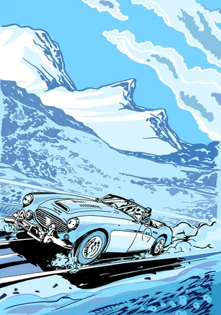 Vintage convertible car driving on mountain road with snowy peaks by Thilo Rothacker
