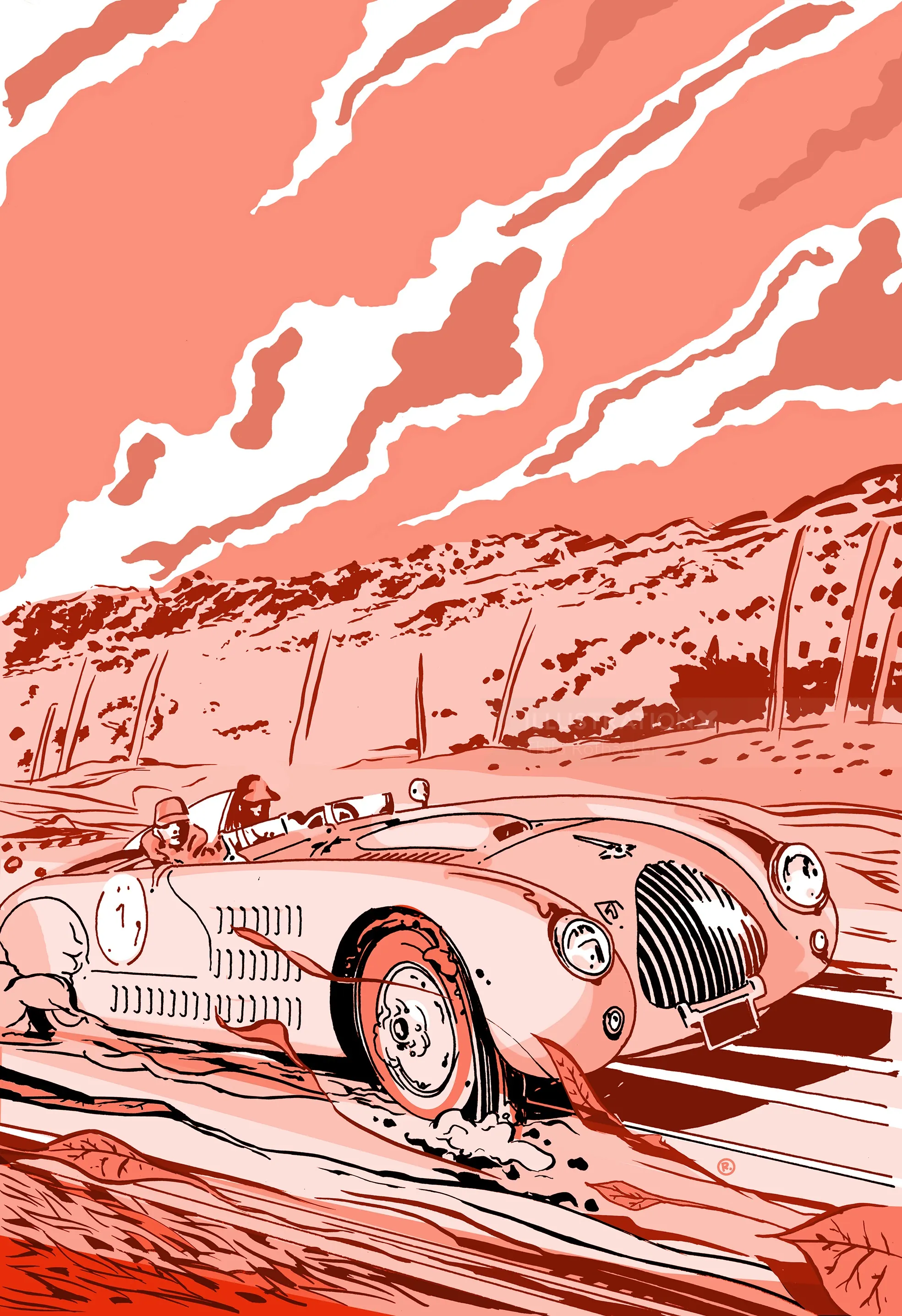 Vintage race car speeding on road with dramatic sky, artwork by Thilo Rothacker