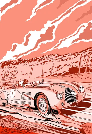 Vintage race car speeding on road with dramatic sky, artwork by Thilo Rothacker