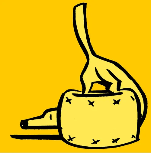 Hand holding a patterned purse on yellow background by Thilo Rothacker