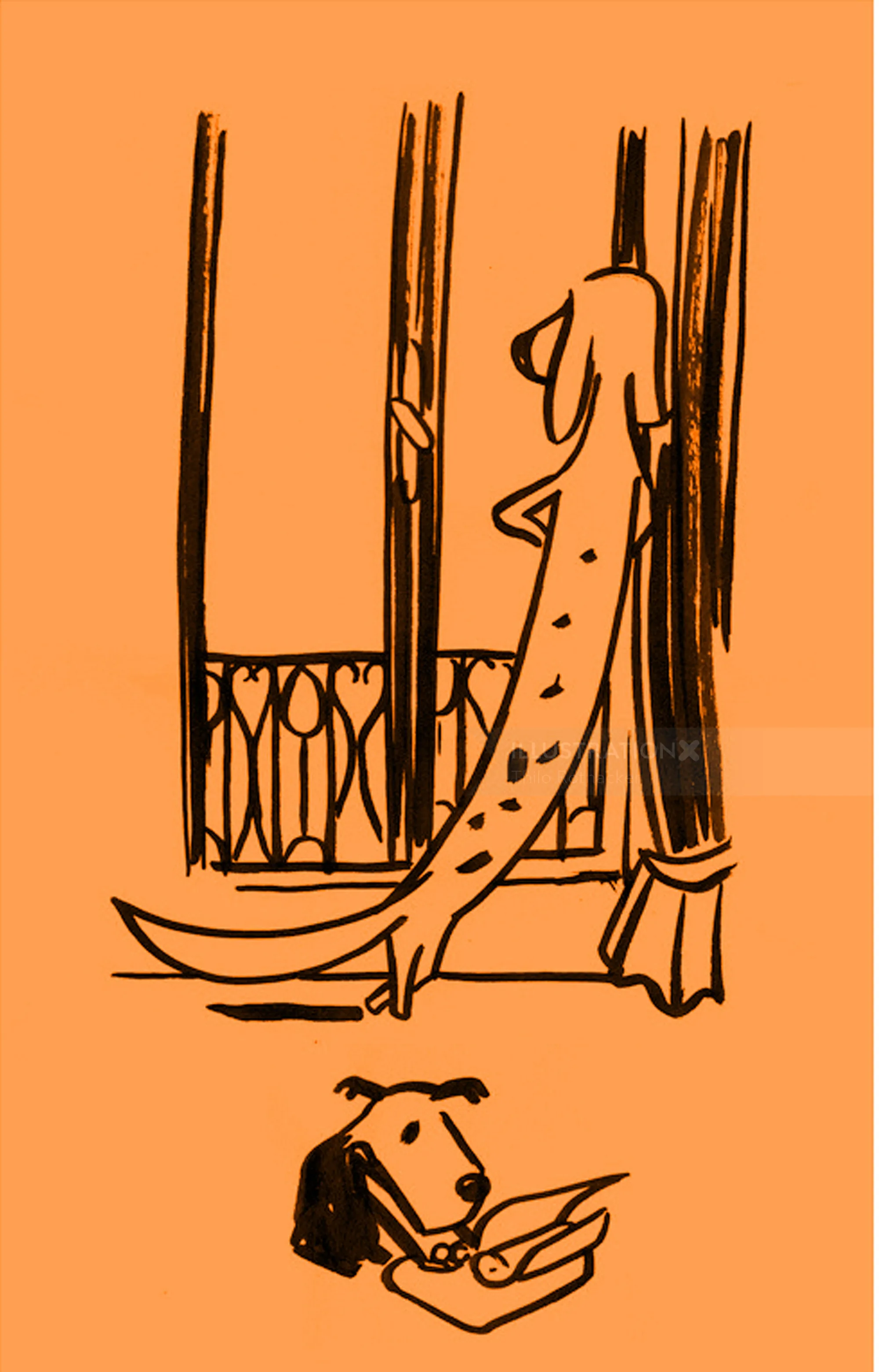 Drawing of a dog reading newspaper near window by Thilo Rothacker