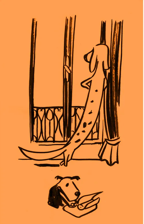 Drawing of a dog reading newspaper near window by Thilo Rothacker