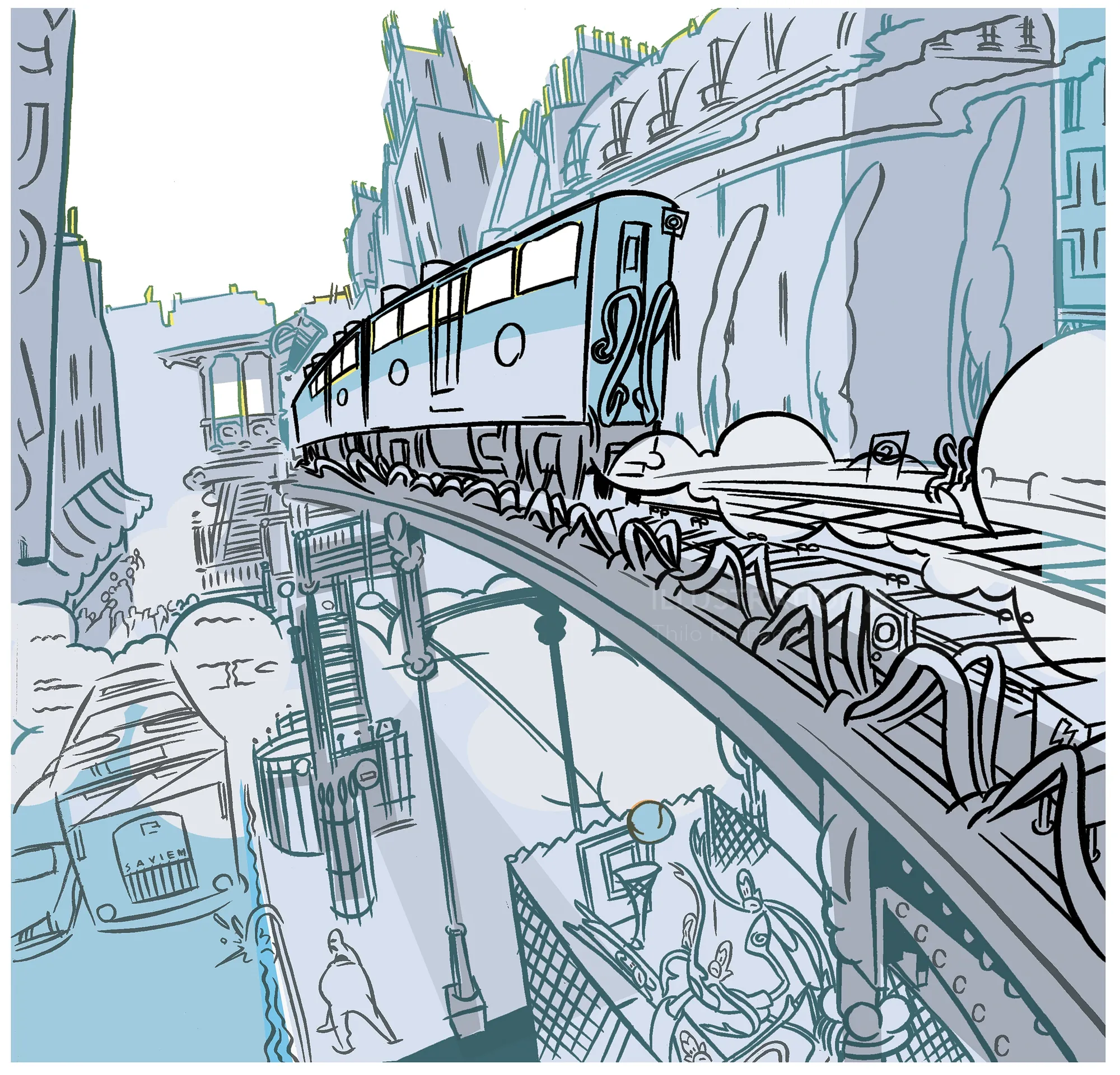 Cityscape with train on elevated track by Thilo Rothacker