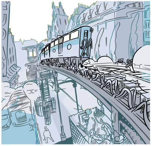 Cityscape with train on elevated track by Thilo Rothacker