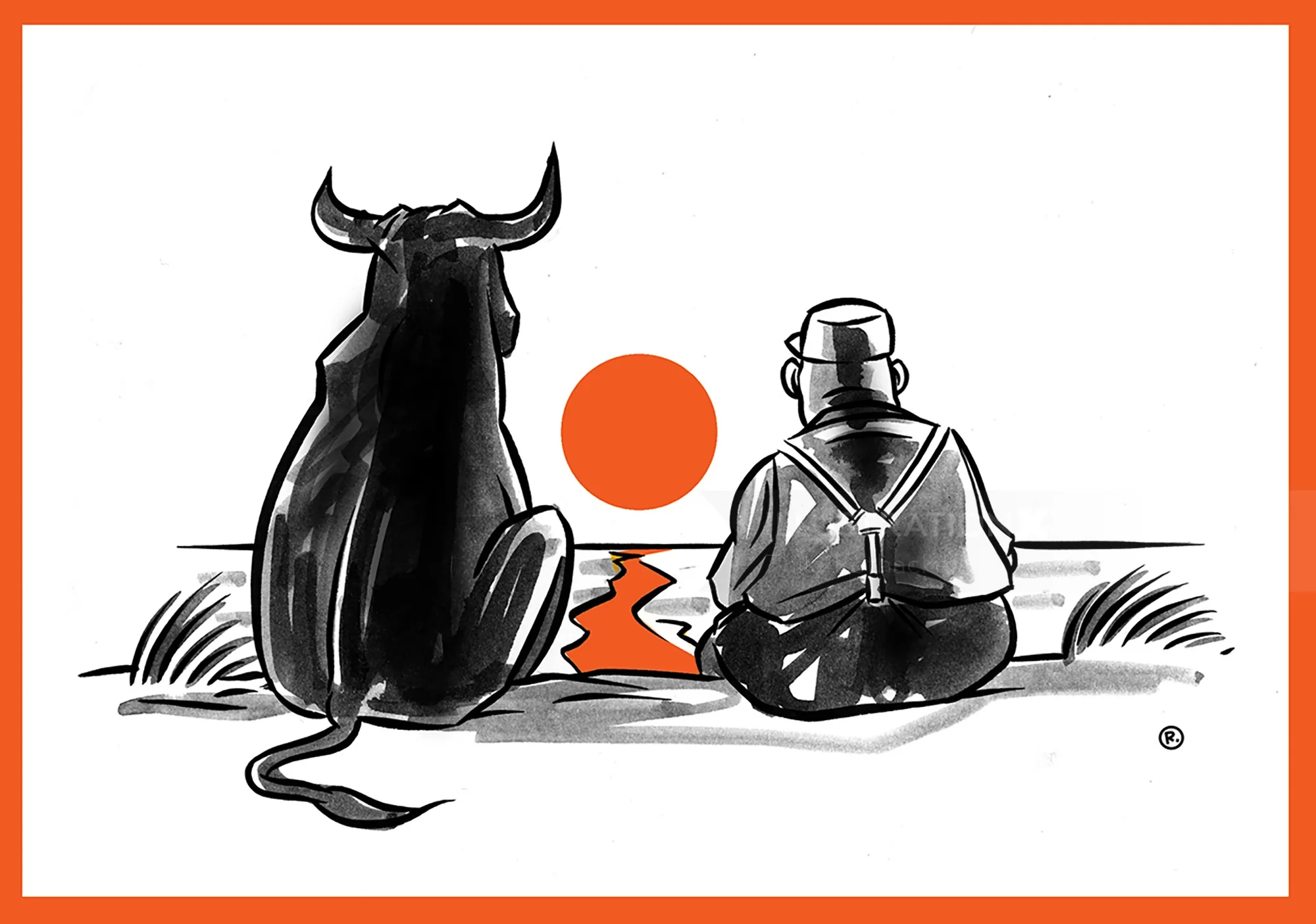 Black bull and man sitting by water at sunset by Thilo Rothacker