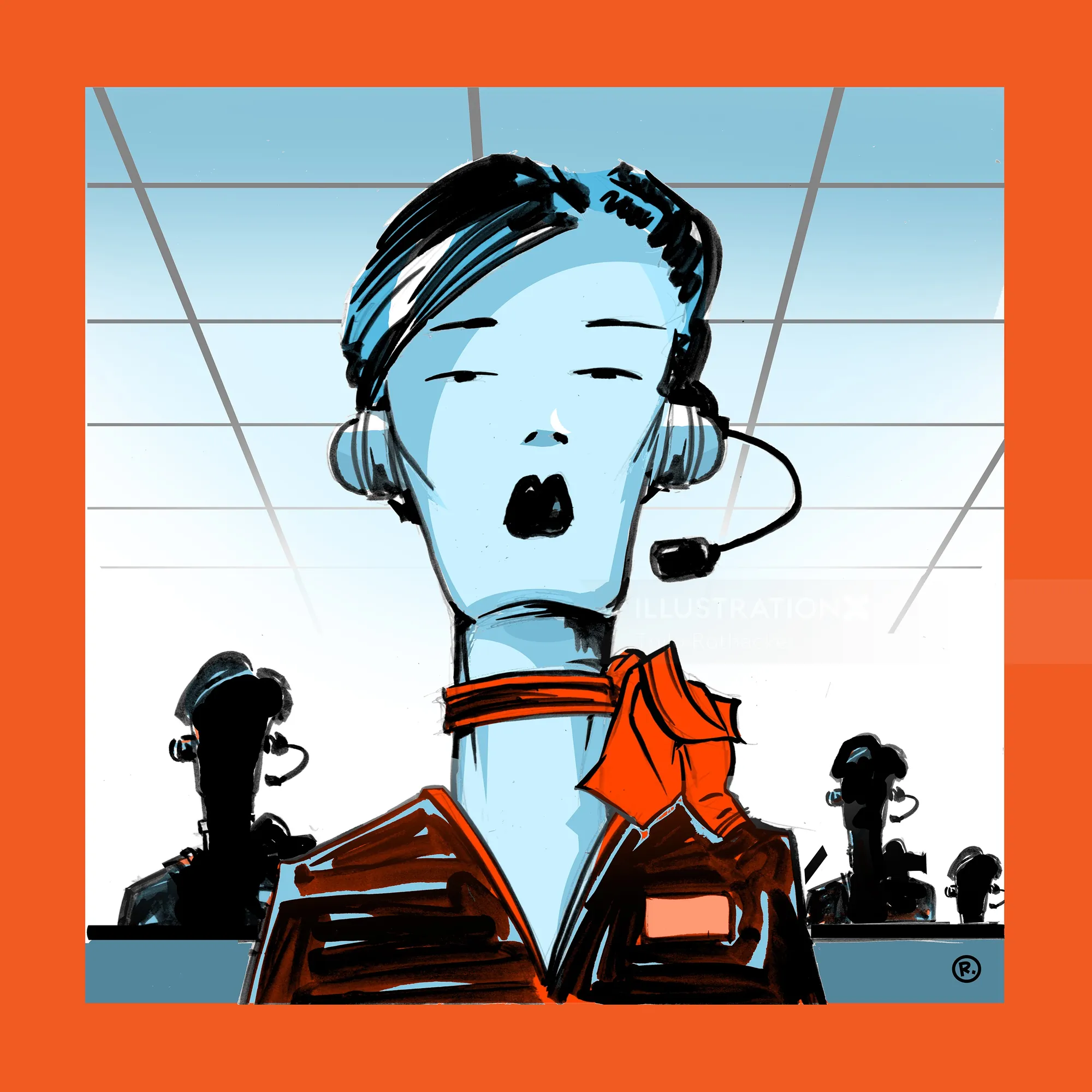 Call center operator with headset speaking into microphone by Thilo Rothacker