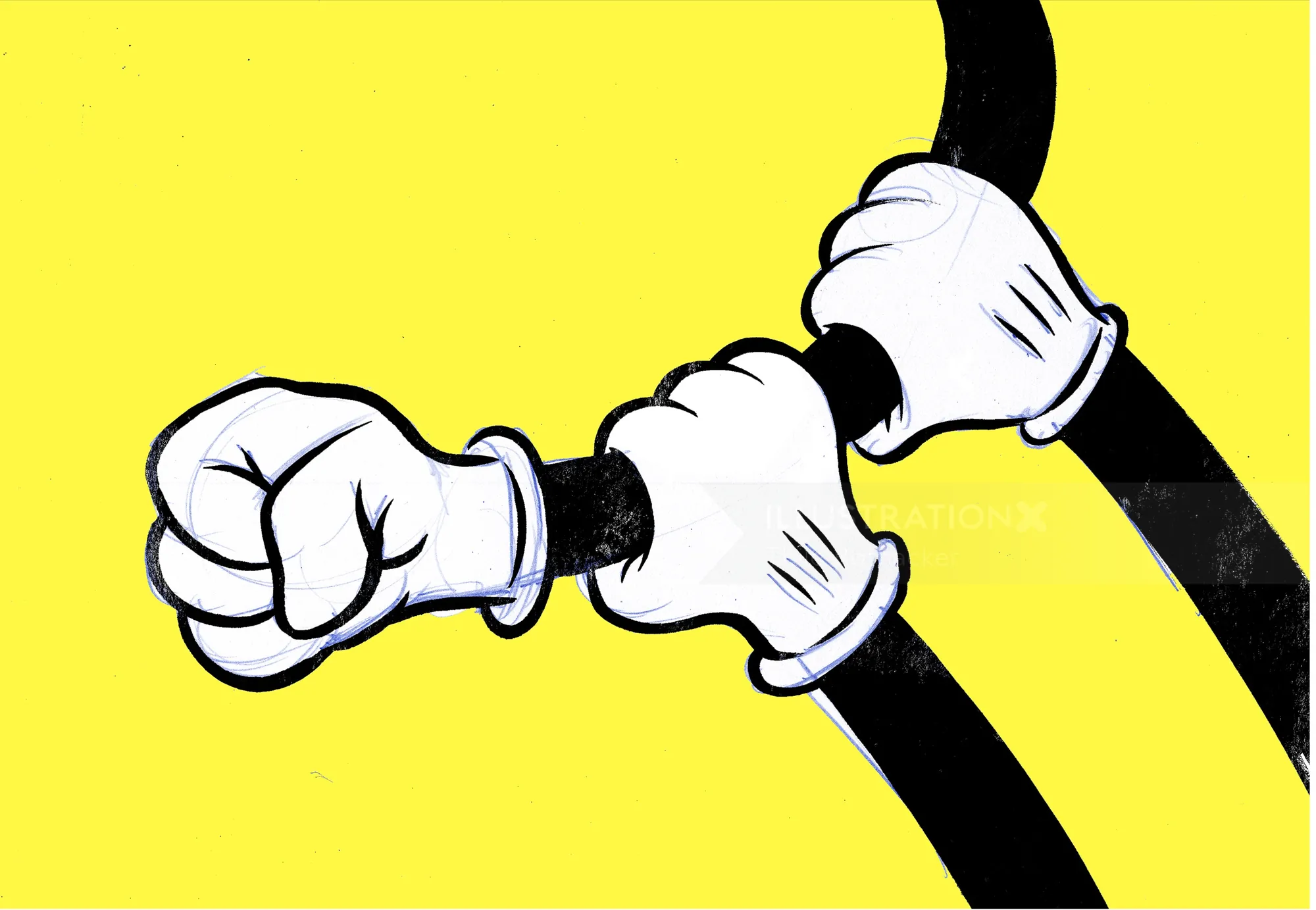 White cartoon gloves holding a black rod on yellow background by Thilo Rothacker