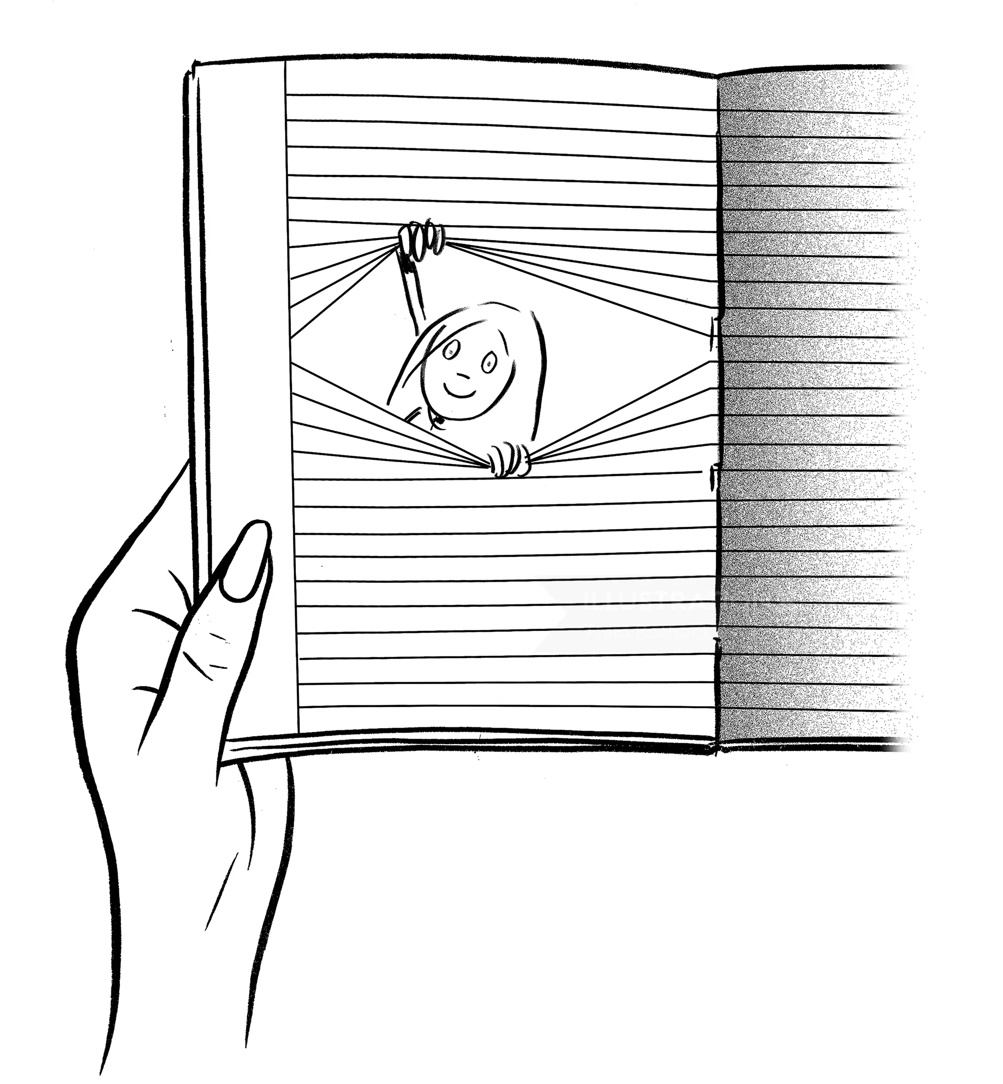 Cartoon person peeking through torn notebook pages by Thilo Rothacker
