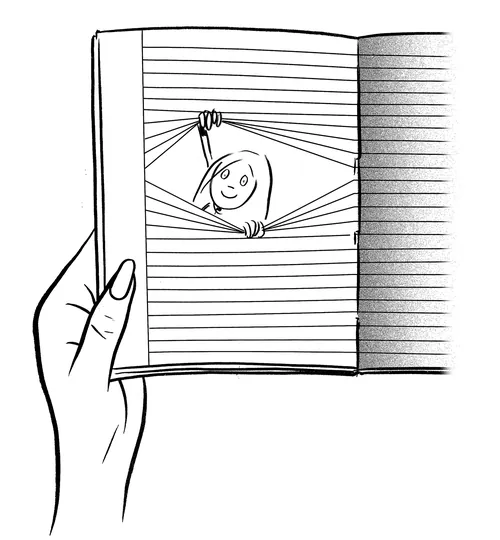 Cartoon person peeking through torn notebook pages by Thilo Rothacker
