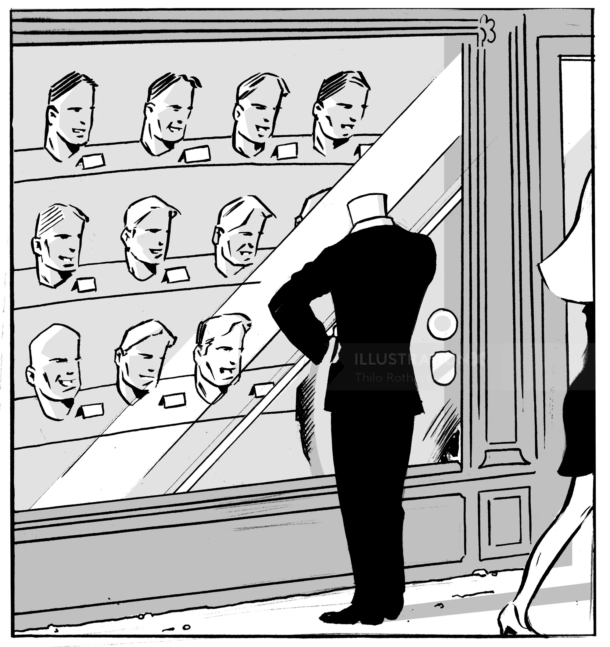 A man examines mannequin heads in a shop window by Thilo Rothacker