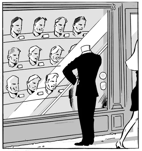 A man examines mannequin heads in a shop window by Thilo Rothacker