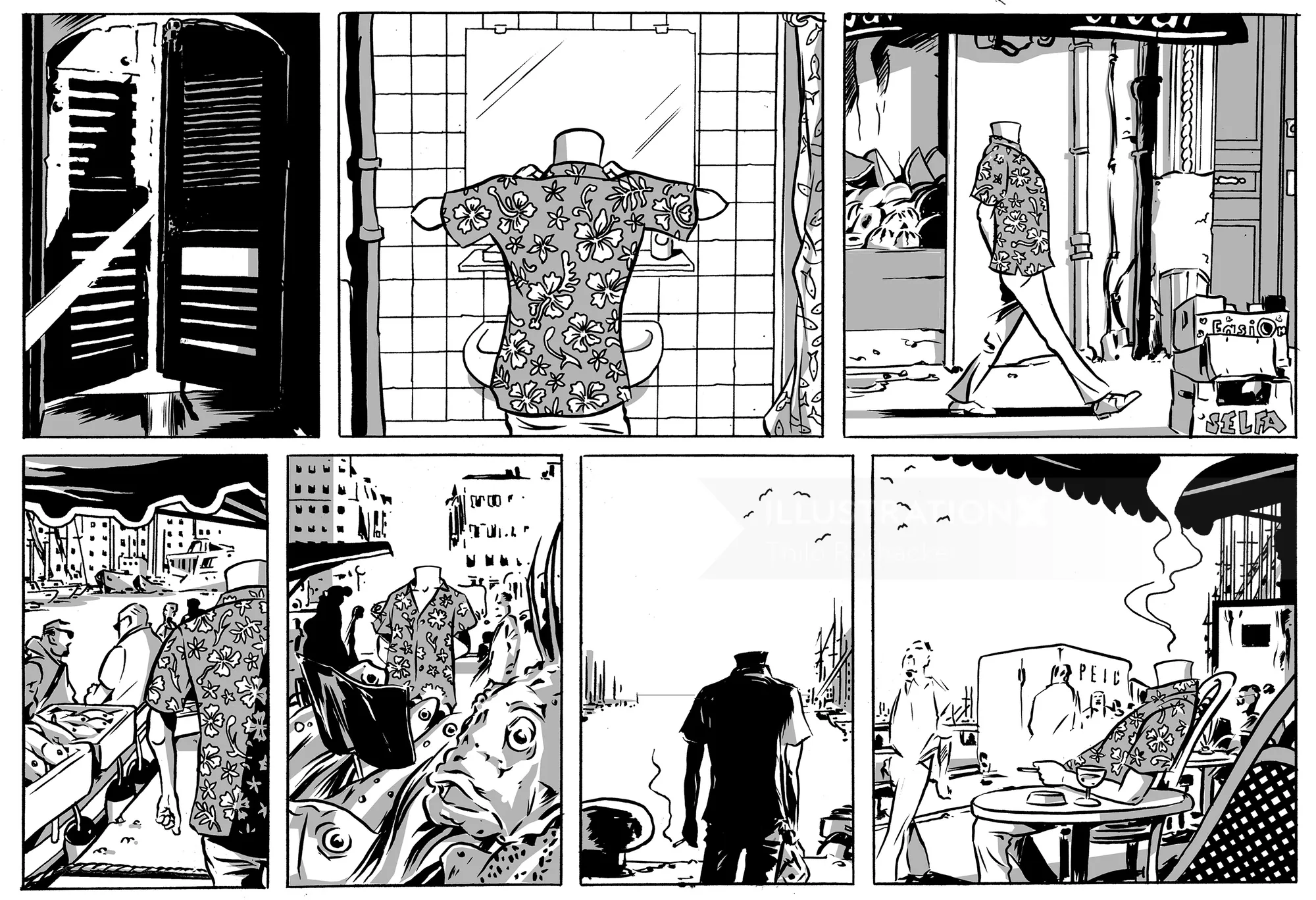 Black and white comic strip panels showing daily scenes by Thilo Rothacker