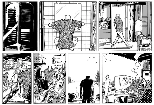 Black and white comic strip panels showing daily scenes by Thilo Rothacker