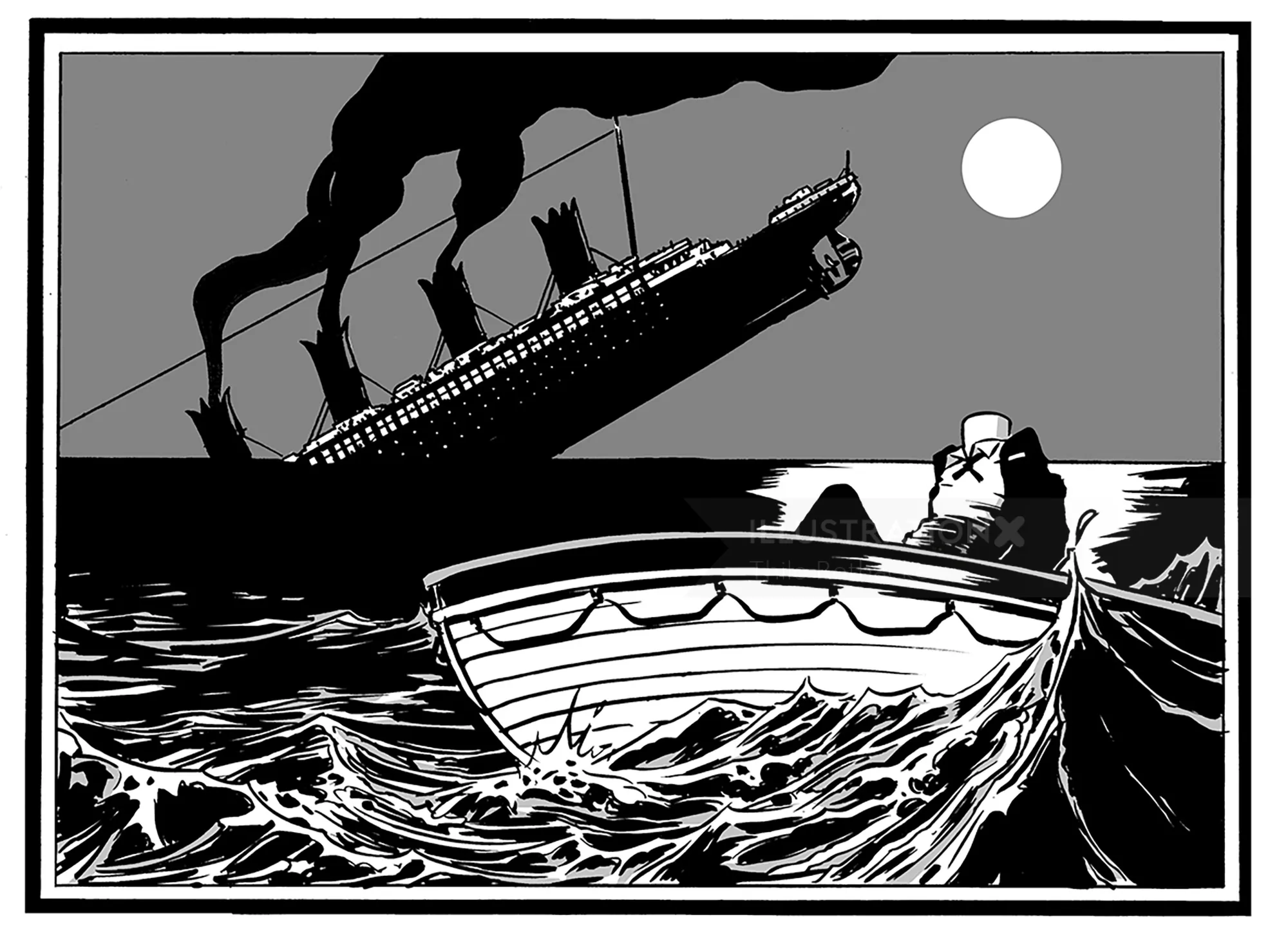 Black and white image of sinking ship and rescue boat by Thilo Rothacker